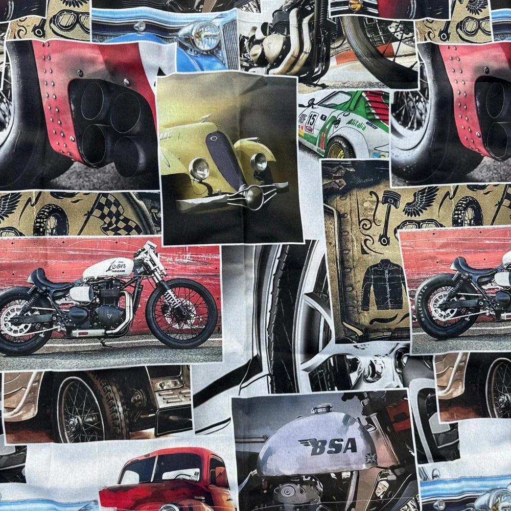 Classic Garage Cars Motorcycles Upholstery Fabric‎ Made in Spain 53x96